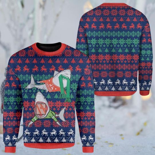 Discover Funny Shark Ugly Christmas Sweater, Navy Fair Isle Reindeer Trees Pattern, Cozy Winter Gift for Adults