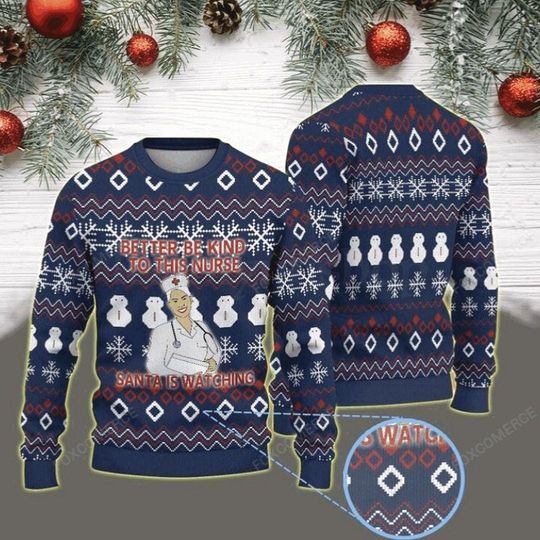 Nurse Santa Ugly Christmas Sweater with White Snowflake and Snowman Pattern