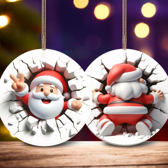 Discover Funny Santa Christmas Ornament: Cracked Wall Design, Double-Sided