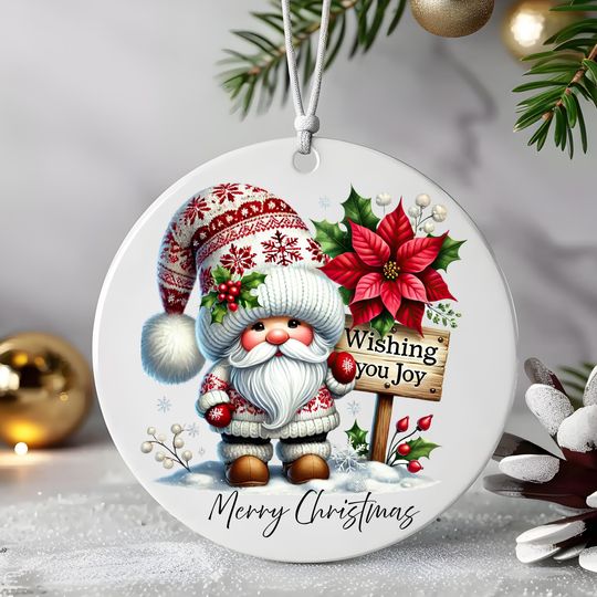 Christmas Gnome Ornament: Poinsettia & 'Wishing You Joy' Sign