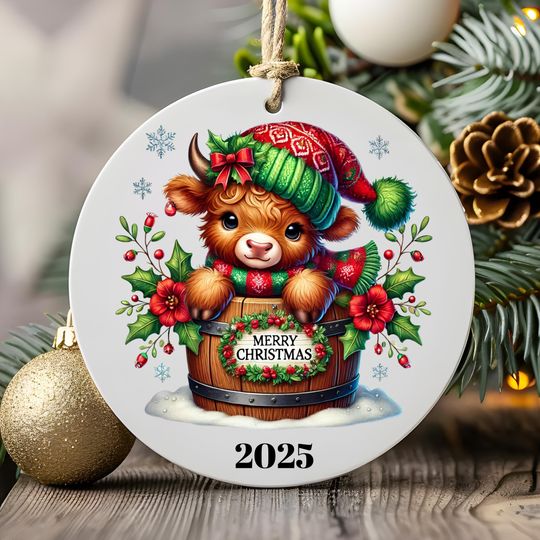 Custom Year Highland Cow Decor, Xmas Ornament, Cute Holiday Gift