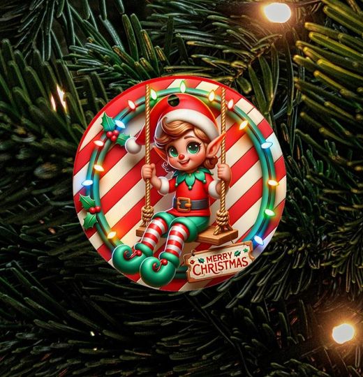 Discover Christmas Elf Ornament, Cute Holiday Decoration with Candy Cane Stripes and Lights