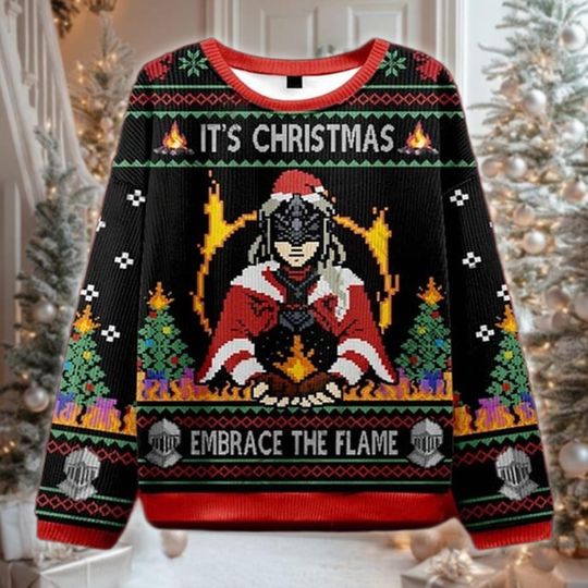 Discover Embrace The Flame Gamer Ugly Christmas Sweater, Soulslike Holiday Sweatshirt, Fire Keeper Xmas Gift