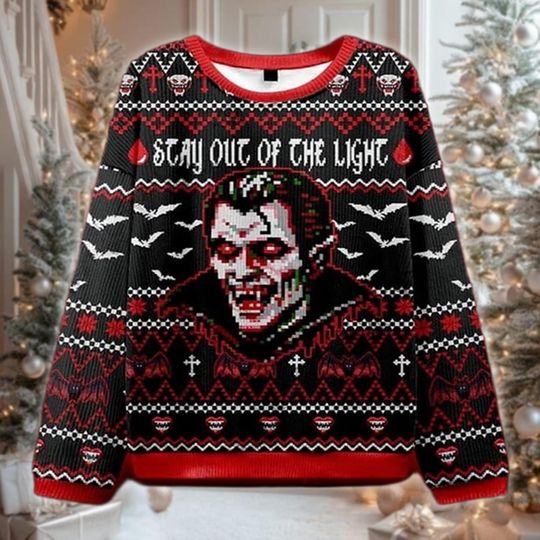 Vampire Pixel Art Ugly Christmas Sweater, Dracula Retro Gamer Holiday Sweatshirt, Scary Xmas Party Gift