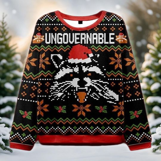 Ungovernable Raccoon Ugly Christmas Sweater, Trash Panda Holiday Sweatshirt, Funny Xmas Party Crewneck Gift