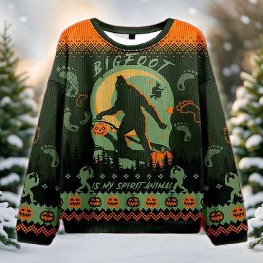 Discover Cryptid Hunter Ugly Christmas Sweater, Sasquatch Spirit Animal Holiday Sweatshirt, Funny Xmas Party Gift