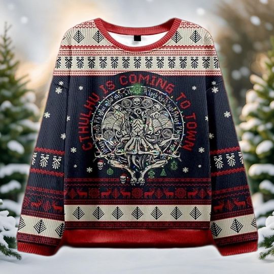 Eldritch Monster Ugly Christmas Sweater, H.P. Lovecraft Holiday Sweatshirt, Scary Xmas Gift for Horror Fans