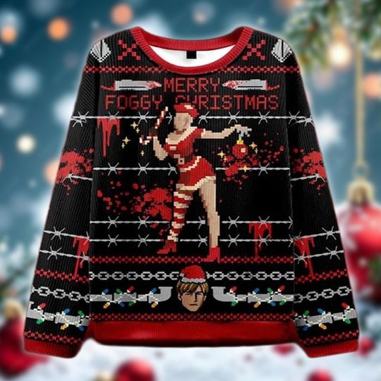 Discover Horror Game Ugly Christmas Sweater, Bloody Wire Holiday Sweatshirt, Scary Xmas Party Crewneck Gift for Gamers