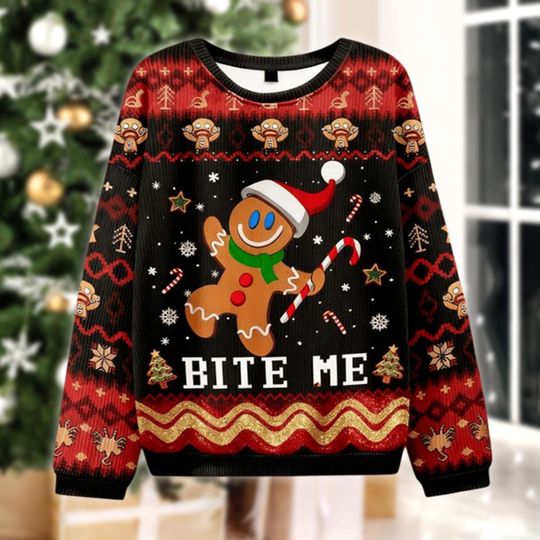Discover Gingerbread Man Bite Me  Ugly Christmas Sweater, Funny & Naughty Xmas Jumper, Secret Santa Gift