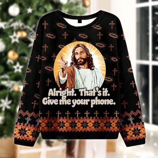 Discover Give Me Your Phone Jesus Meme Ugly Christmas Sweater, Funny Religious Jumper, Humor Xmas Gift Sweatshirt