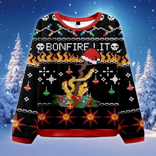 Bonfire Lit Ugly Christmas Sweater, Dark Souls Game Jumper, Funny Gamer Holiday Gift Sweatshirt