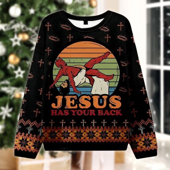Discover Jesus Has Your Back Funny Ugly Christmas Sweater, Raunchy Xmas Gift Jumper, Offensive Holiday Party Sweatshirt