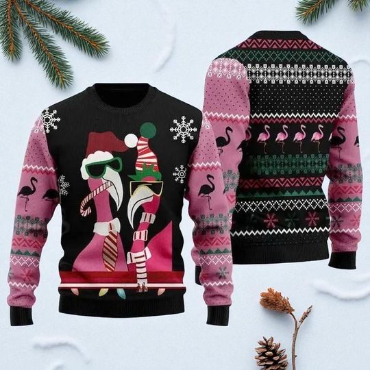 Discover Flamingo Ugly Christmas Sweater, Funny Festive Holiday Sweater, Unique Xmas Sweater Design, Cute Christmas Gift for Men and Women