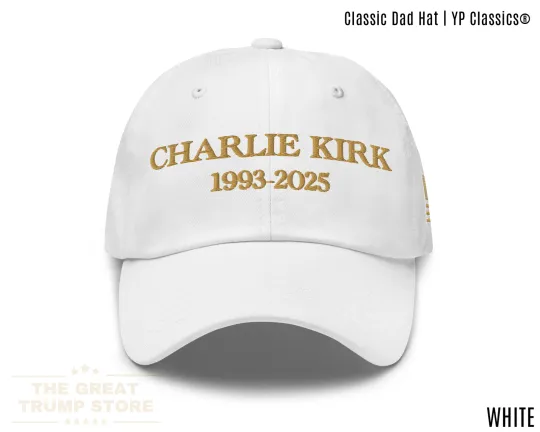 Charlie Kirk 1993-2025 RIP Tribute Cap, Low Profile USA Flag Gold Embroidery