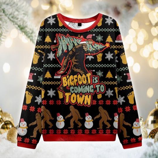 Funny Bigfoot Christmas Sweater, Sasquatch Holiday Jumper, Ugly Xmas Shirt for Men Women, Cryptid Lover Gift, Bigfoot Is Coming to Town