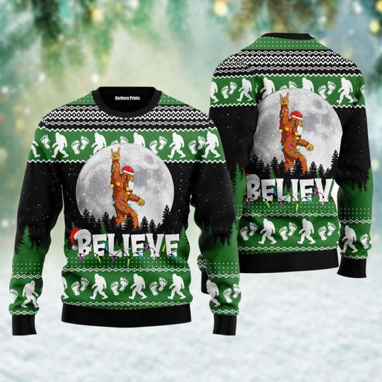 Discover Bigfoot Ugly Christmas Sweater, Believe Bigfoot Xmas Sweater, Sasquatch Holiday Sweater, Funny Monster Santa Shirt, Christmas Gift