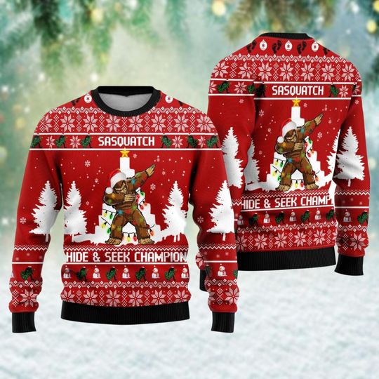 Christmas Bigfoot Sweater, Sasquatch Christmas Lights Sweater, Bigfoot Sasquatch Hide And Seek Shirt, Sweater Men, Funny Christmas