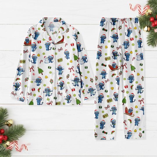 Discover Blue Tiger Christmas Pajamas, Tiger Xmas Pajamas, Funny Animal Pjs Set, Blue Tiger Santa Holiday Pjs, Xmas Gift