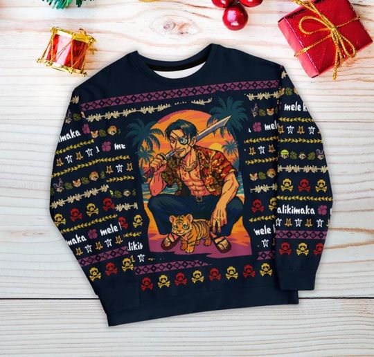 Funny Dragon Pirate Christmas Sweater, Yakuza Style Ugly Holiday Jumper for Gamers, Anime Inspired Winter Gift Unisex