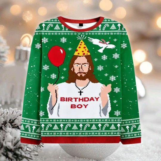 Funny Jesus Birthday Boy Ugly Christmas Sweater, Christian Holiday Jumper, Religious Xmas Gift Sweatshirt