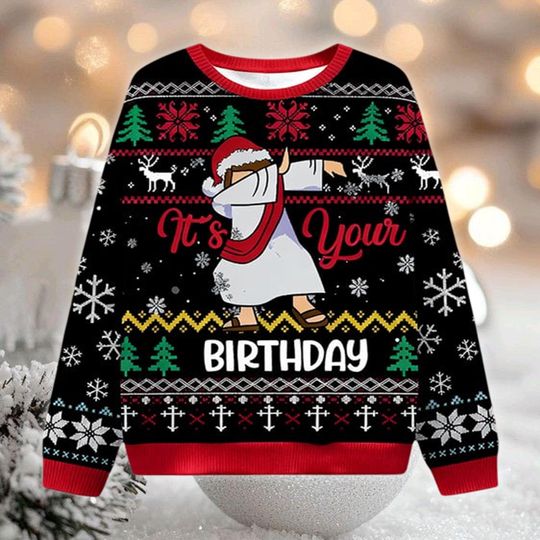 Discover Dabbing Jesus Ugly Christmas Sweater, It's Your Birthday Jumper, Funny Religious Meme Gift, Humorous Holiday Party Apparel