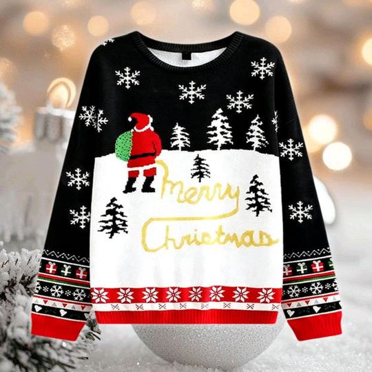 Christmas Jumper with Santa, Merry Christmas Tree Sweater, Ugly Holiday Party Gift, Knitted Pullover Sweatshirt
