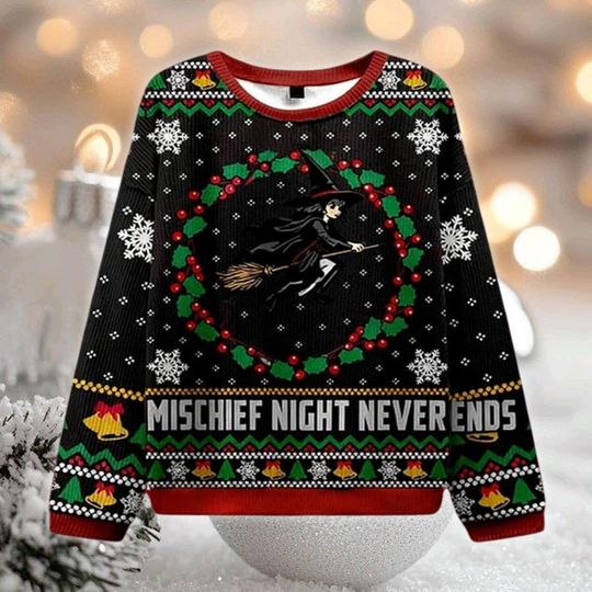 Discover Witch Ugly Christmas Sweater, Mischief Night Never Ends, Goth Xmas Holiday Jumper, Kiki's Delivery Service Inspired, Funny Halloween Gift