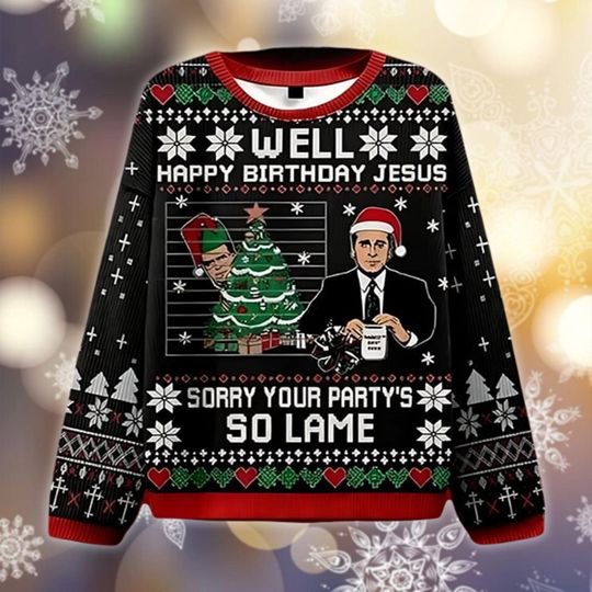 Discover Happy Birthday Jesus Ugly Christmas Sweater, The Office Michael Scott Xmas Gift, Funny TV Show Jumper, Sorry Your Party's So Lame