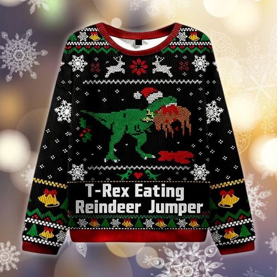 T-Rex Eating Reindeer Ugly Christmas Sweater, Funny Dinosaur Xmas Jumper, Quirky Holiday Gift, Jurassic Park Apparel, Dino Xmas
