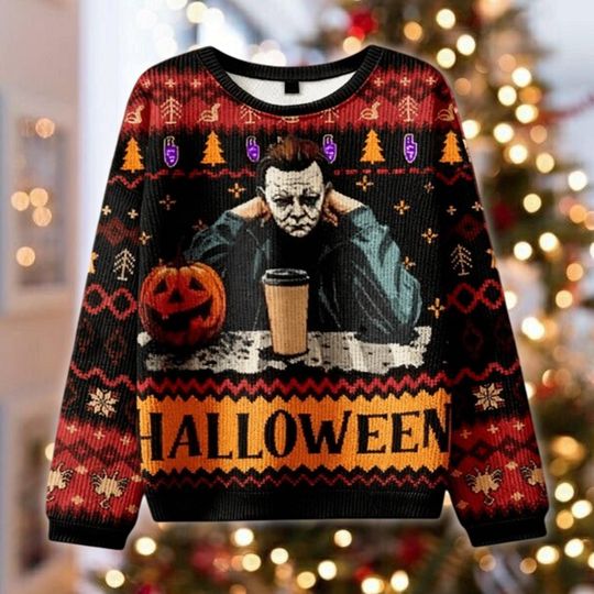 Michael Myers Ugly Christmas Sweater, Halloween Movie Xmas Gift, Horror Holiday Jumper, Funny Coffee Killer Apparel, Scary Xmas
