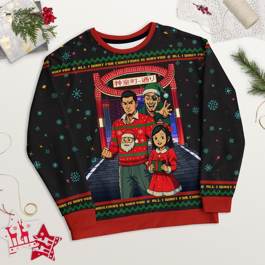 Discover Yakuza 1 / Yakuza Kiwami Inspired Ugly Christmas Sweater | Kiryu, Haruka & Majima Festive Holiday Sweater | Funny Gamer Anime Xmas Jumper