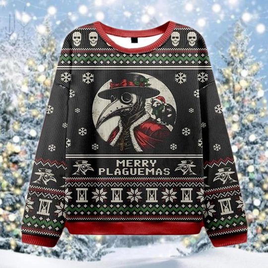 Discover Merry Plaguemas Ugly Christmas Sweater, Plague Doctor Xmas Gift, Funny Gothic Holiday Jumper, Historical Dark Humor Apparel