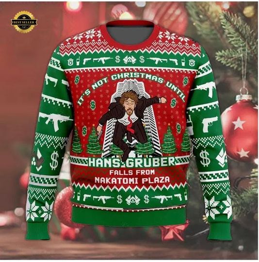 Hans Gruber Nakatomi Plaza Christmas Sweater - Die Hard Inspired Ugly Christmas Knit