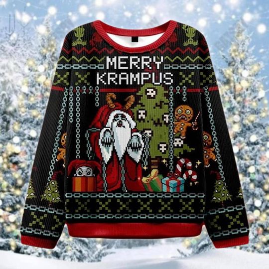 Merry Krampus Ugly Christmas Sweater, Funny Horror Xmas Gift, Pixel Art Santa, Weird Festive Clothing