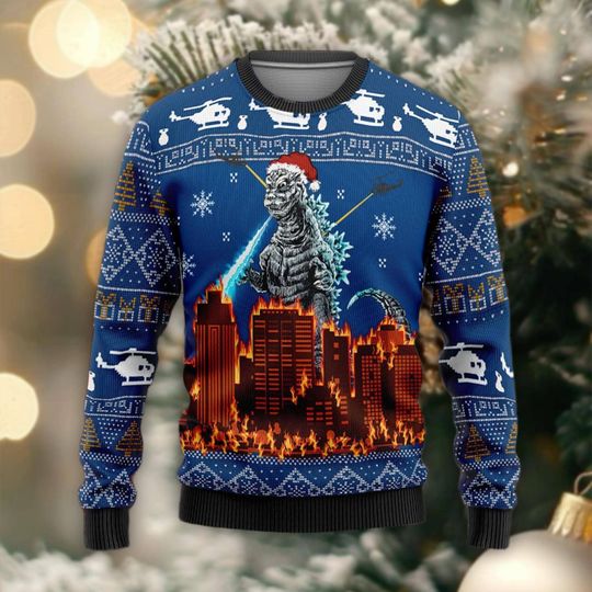 god zilla Ugly Christmas Sweater, King of Monsters Jumper, Movie Kaiju Fan Gift, Attack City Xmas