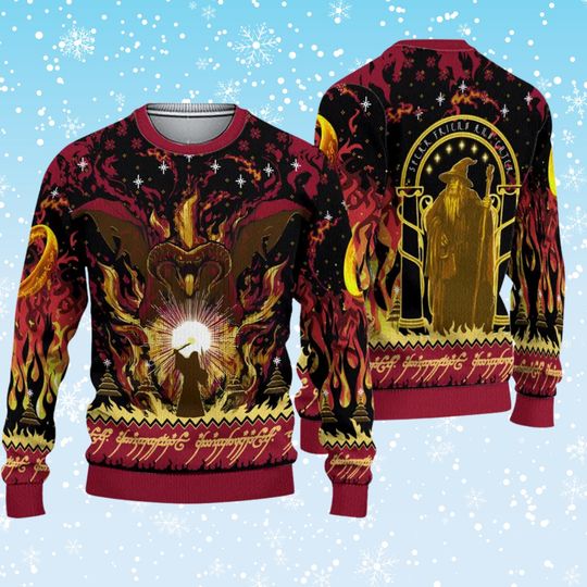 Discover Epic Fantasy Wizard vs Fire Demon Ugly Christmas Sweater, Middle Earth Inspired Knit, Elvish Script & Dwarven Gate, Geeky Holiday Pullover