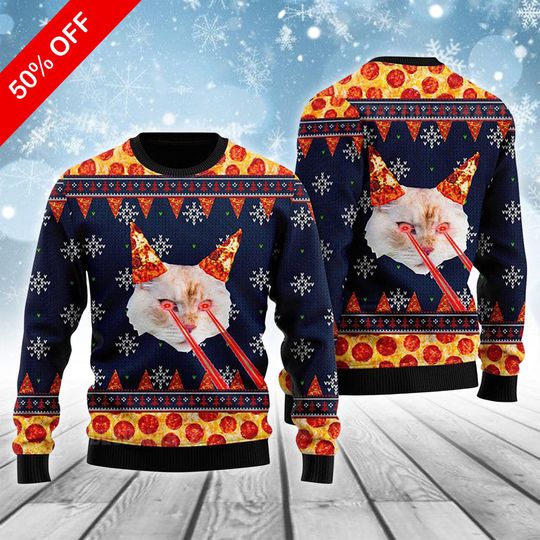 Discover Pizza Cat With Laser Eyes Ugly Sweater, Funny Christmas Shirt for Men & Women, Holiday Novelty Gift