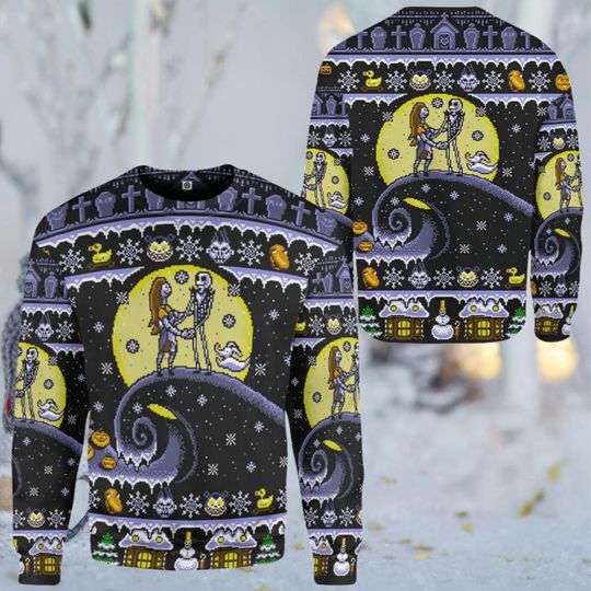 Nightmare Before Christmas Inspired Ugly Christmas Sweater, Jack and Sally Moon Scene Black Knit Pullover, Unisex Halloween Christmas Gift