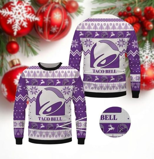 Purple Fast Food Ugly Christmas Sweater  Funny Foodie Holiday Knit Pullover | Mexican Food Inspired Xmas Party Outfit
