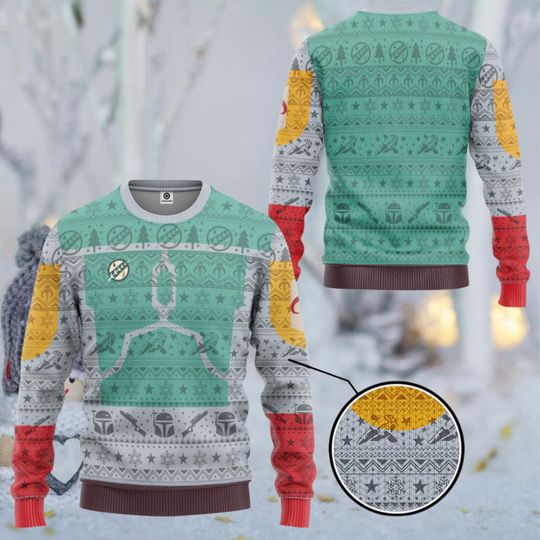 Boba Fett Inspired Ugly Christmas Sweater  Mandalorian Bounty Hunter Holiday Jumper, Geeky Winter Pullover, Unisex Cosplay Fan Gift