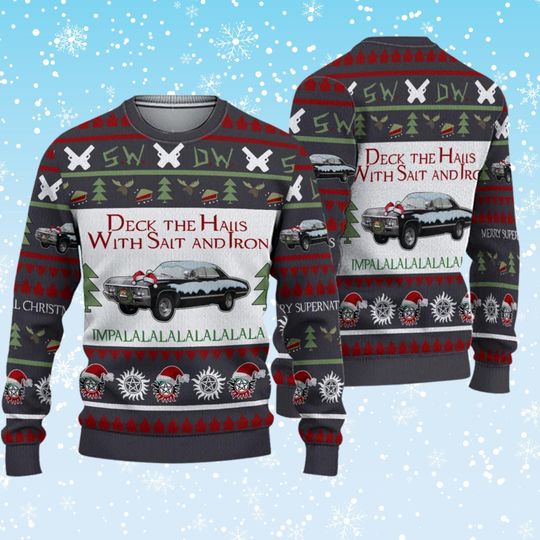 Supernatural Inspired Ugly Christmas Sweater, Deck the Halls With Salt and Iron, Impala La La Car Knit, Unisex Holiday Pullover, Fan Gift