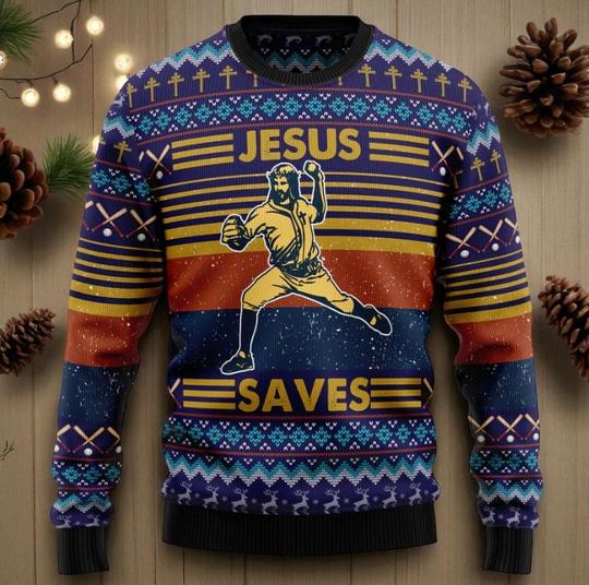 Discover Baseball Save Ugly Christmas Sweater, Funny Sports Holiday Sweatshirt, Faith Inspired Parody Jumper, Unique Xmas Gift For Him