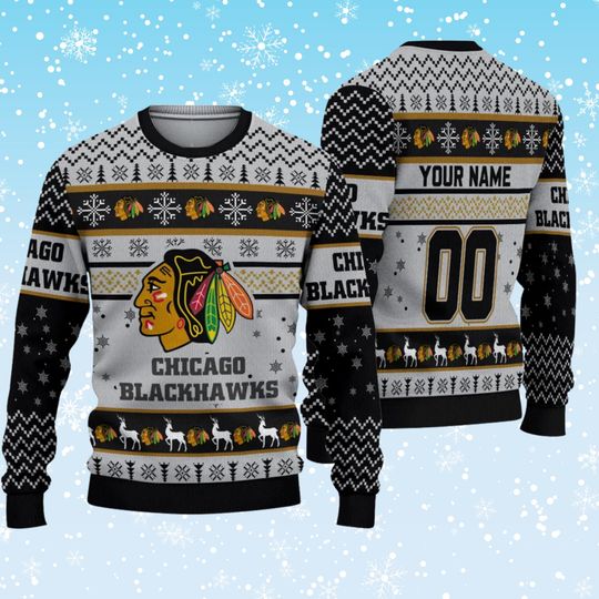 Discover Chicago Blackhawks Inspired Ugly Christmas Sweater | Personalized Name Number Hockey Fan Holiday Jumper | Unisex Winter Gift Party Knit