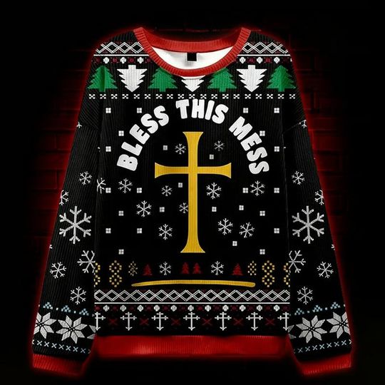 Discover Bless This Mess Christmas Sweater, Funny Faith Inspired Holiday Knit Jumper, Black Gold Cross Ugly Xmas Sweater Gift for Him Her