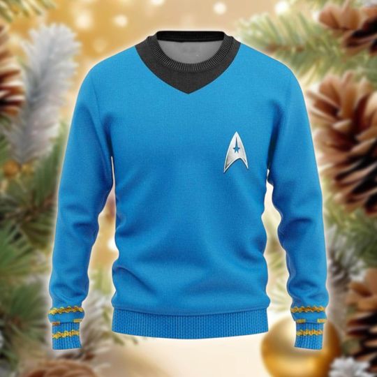 Discover Sci-Fi Science Uniform Sweater, Starfleet Style Ugly Jumper, Officer Blue Black Holiday Gift, Trek Inspired Apparel, Nerdy Gift
