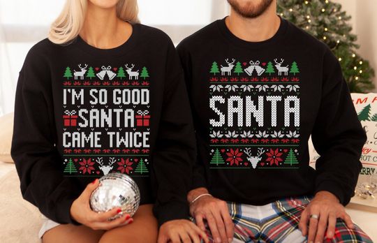 Discover The Original Unisex Funny Couples Matching Ugly Christmas Sweater, Santa Twice, Christmas Pajamas, Sold Seperate