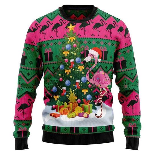 Flamingo Christmas Tree Ugly Christmas Sweater, Funny Holiday Sweatshirt, Tropical Xmas Party Outfit, Flamingo Lover Gift/CMS-47