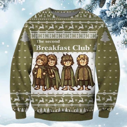 Discover Funny Breakfast Club Christmas Sweater, Hobbit-Inspired Green Holiday Jumper, Cozy Winter Knit Pullover, Fantasy Humor Gift for Him Her