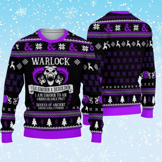 Discover Warlock Ugly Christmas Sweater  DnD Inspired Purple Black Unisex Knit Jumper, The Sworn & Beholden Pact Skull, Funny Gamer Holiday Gift