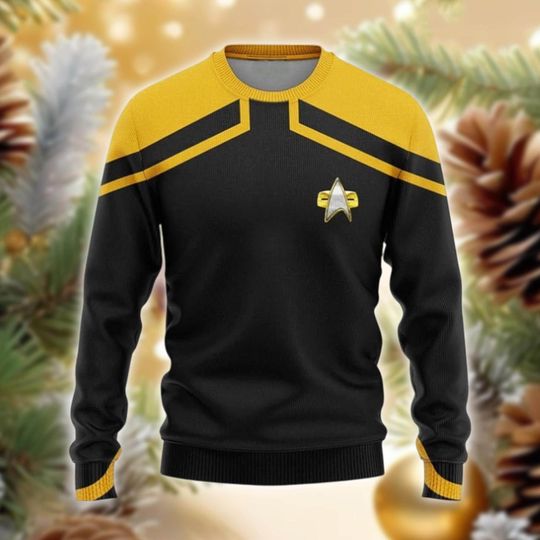 Discover Sci-Fi Operations Uniform Sweater, Starfleet Style Ugly Jumper, Tactical Yellow Black Holiday Gift, Trek Inspired Apparel, Nerdy Gift
